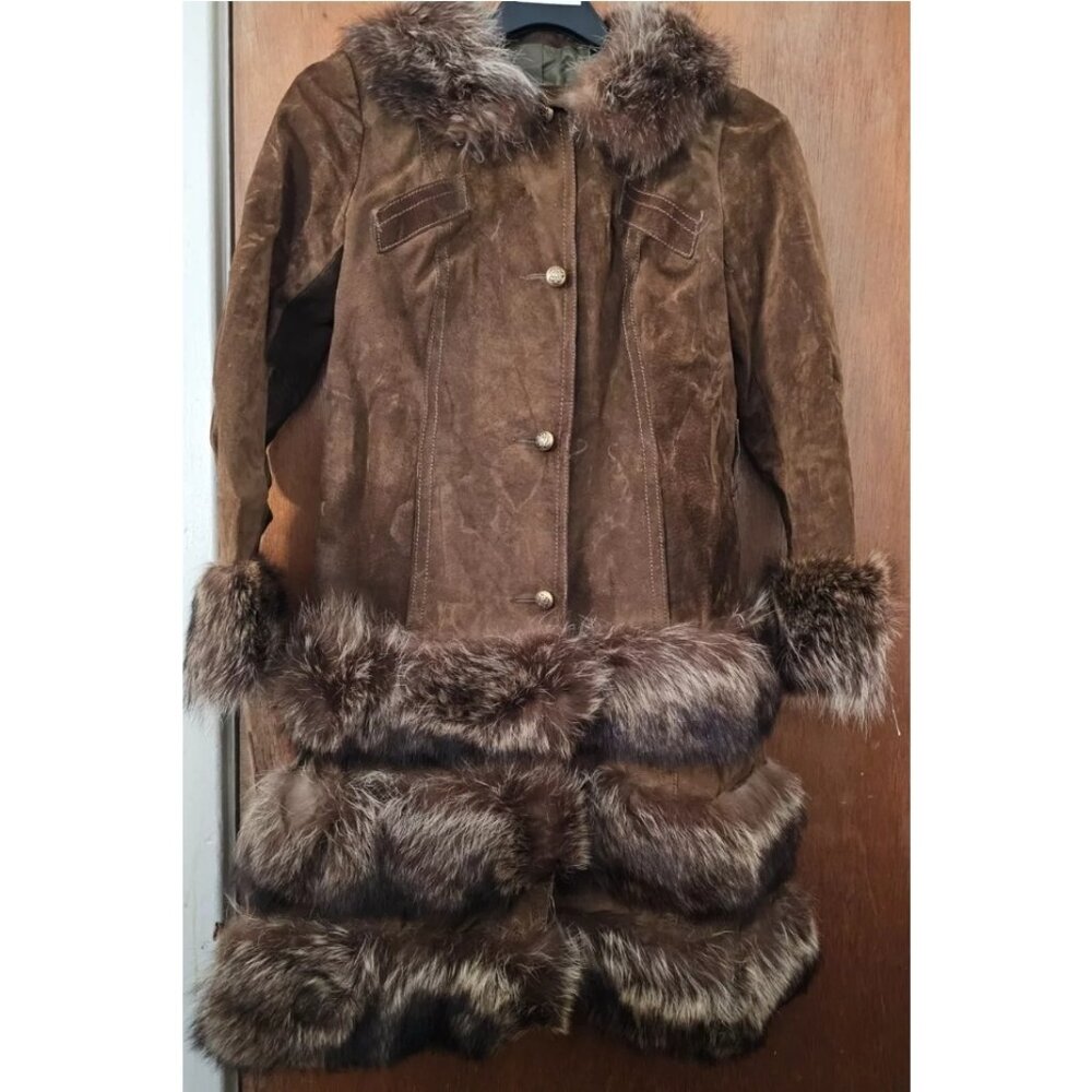 Vintage 1970s Retro Highlander Brown Suede Coat with Real Raccoon Fur Trim